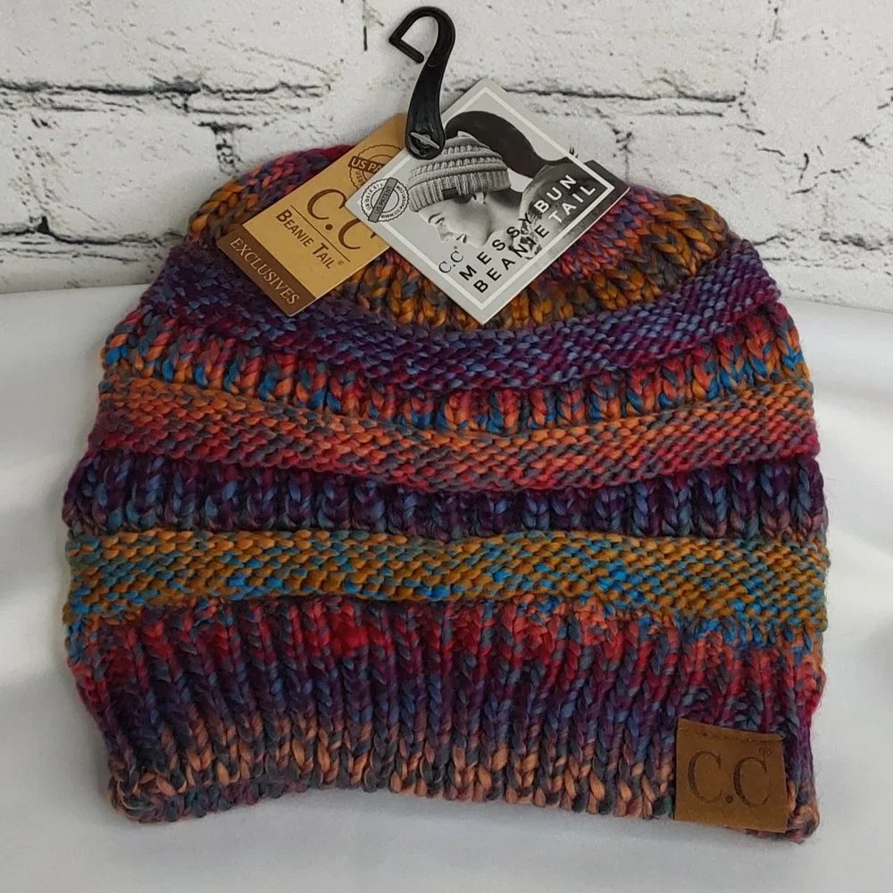 'C.C BEANIE' MESSY BUN BEANIE TAIL' VARIEGATED STRIPE - Picture 3 of 16